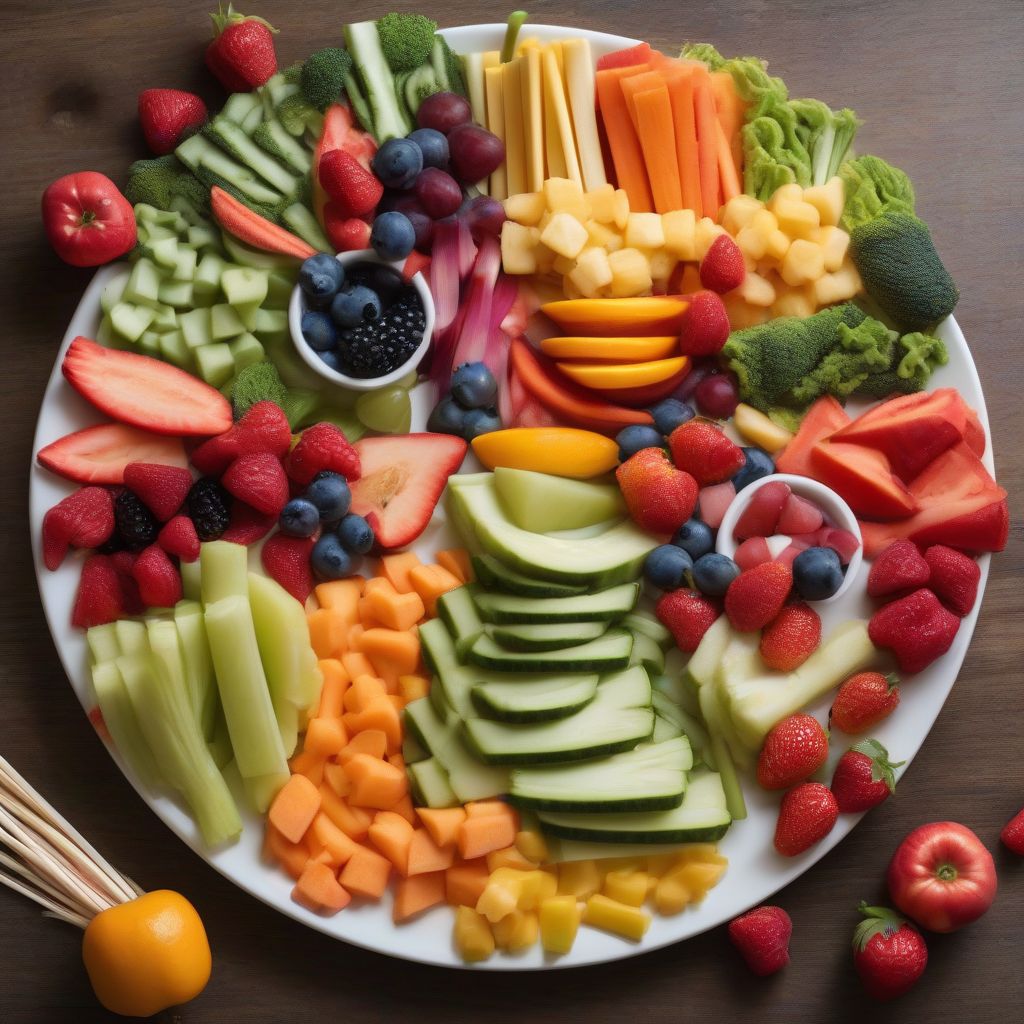 Colorful fruits and vegetables arranged on a plate