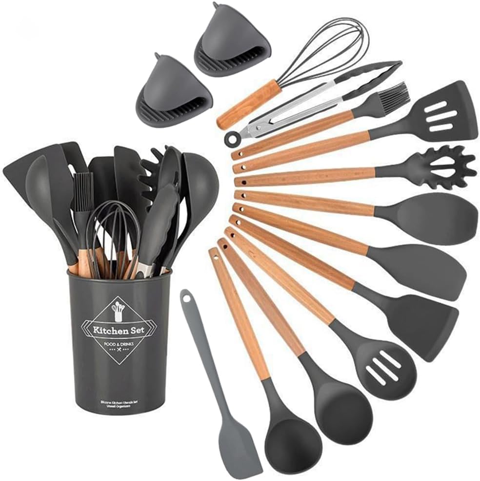 15-Piece Silicone Wooden Handle Kitchen Utensils Set, Cooking Tools with Holder, Kitchen Gadgets for Non-Stick Cookware
