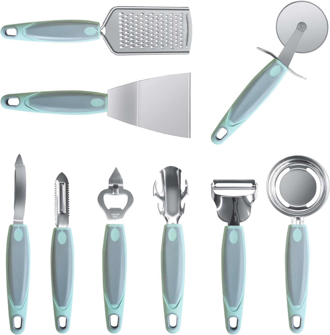 Stainless Steel Kitchen Gadget Set, HIFIND 9 PCS Cooking Gadgets Tools Set with Soft Touch Handles, Pizza Cutter, Peeler, Cheese Grater, Bottle Opener, Egg Separator, Grill Spatula, Holding Clamp