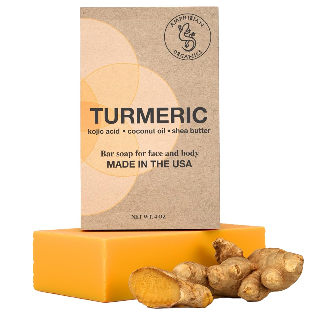 Turmeric Soap - with Kojic Acid, Coconut Oil, Shea Butter, Organic & Natural Ingredients, Vegan, For All Skin Types, Made in USA