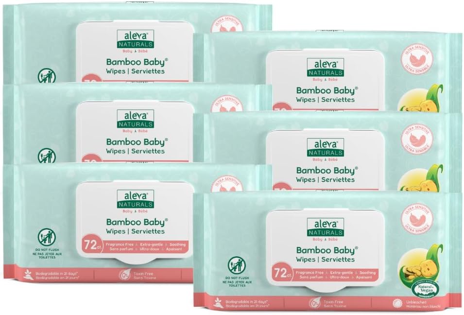 Aleva Naturals Bamboo Baby Sensitive Wipes | Unscented | Extra Strong and Ultra Soft | Natural and Organic Ingredients | Certified Vegan | 6 packs of 72ct - Total of 432ct