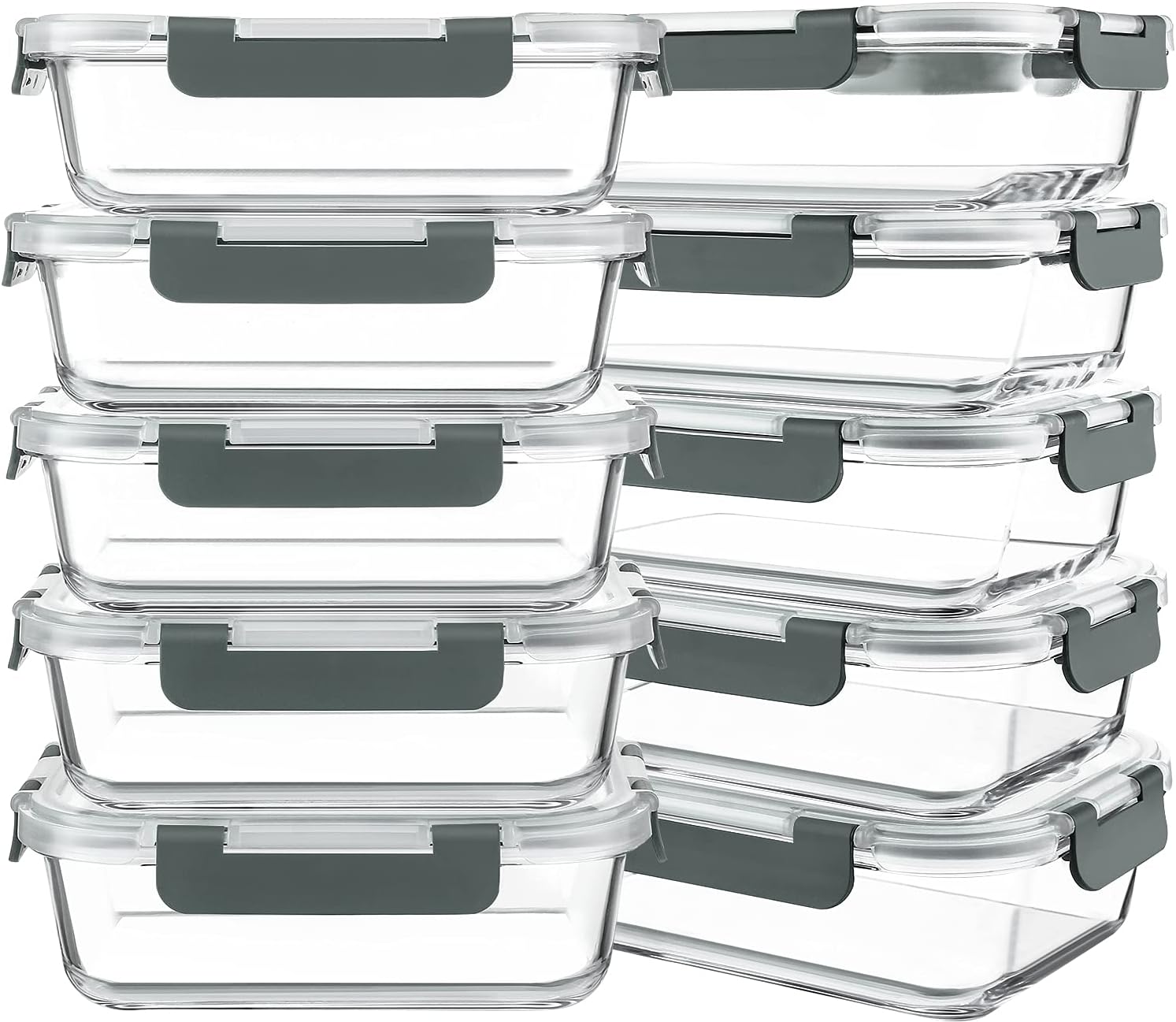 10 Packs 30 oz Glass Meal Prep Containers,Glass Food Storage Containers with Lids,Airtight Glass Lunch Bento Boxes,Microwave,Freezer and Dishwasher,Gray