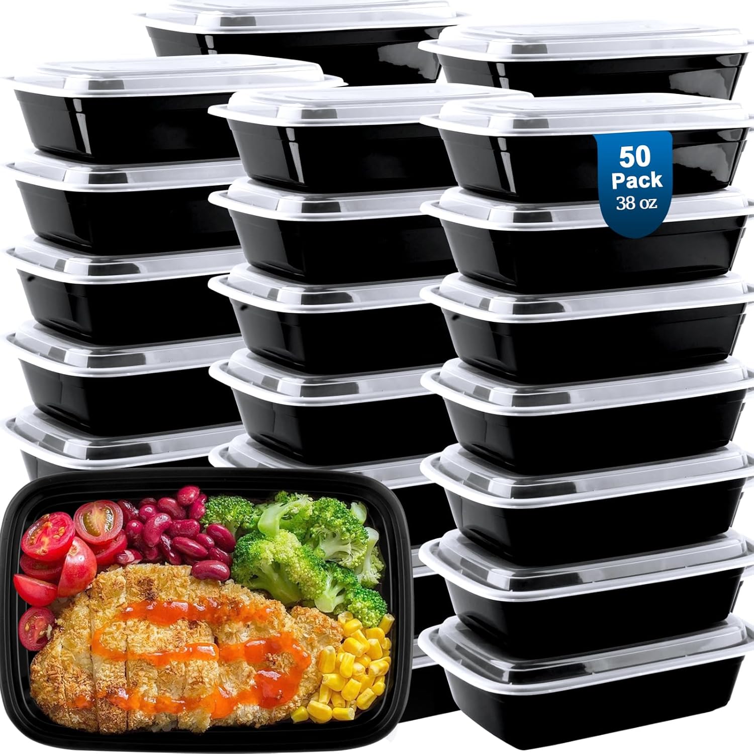 Meal Prep Containers Reusable 50 Pack - 38 oz plastic food containers with lids, To Go Food Containers BPA-Free, To Go Containers With Lids Microwave, Dishwasher, Freezer Safe