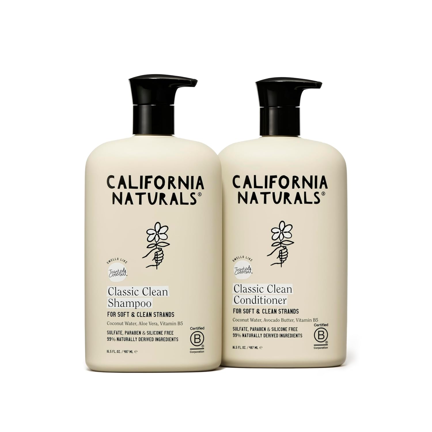 California Naturals Shampoo and Conditioner Set, Sulfate Free, 99% Naturally Derived Clean Ingredients, Paraben Free, Non Toxic, Vegan, Hair Care Bundle for Women and Men, All Hair Types, 16.5 fl oz