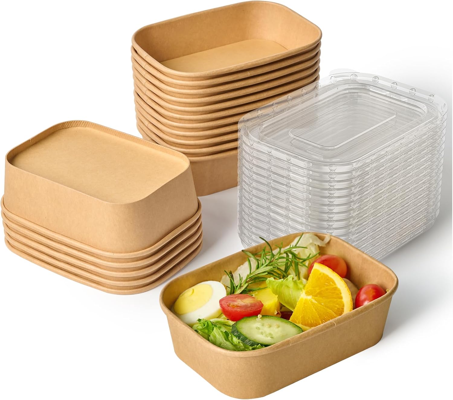JOLLY CHEF 50 Pack Paper Food Containers with Lids, 19 oz Disposable Meal Prep Containers, Rectangular Paper Bowls with Lids for Lunch