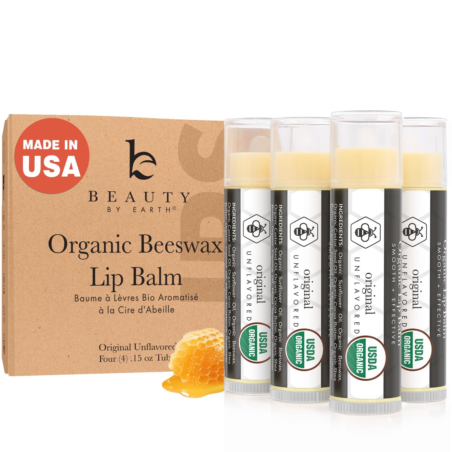 USDA Organic Lip Balm - USA Made with Natural Ingredients, 4 Pack Unflavored Chapstick for Dry Lips, Birthday Gifts for Her & Him, Lip Balm Hydrating Beauty Gifts, Lip Moisturizer, Mens Gift Ideas