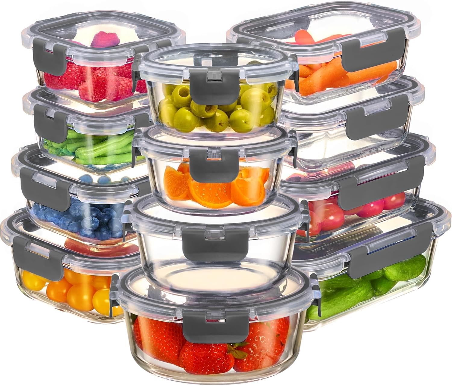 FineDine 24 Piece Glass Storage Containers with Lids - Airtight, Leak Proof, Dishwasher Safe, Glass Tupper Ware Sets with Lids, Food Storage Containers, Meal Prep Containers, Gray