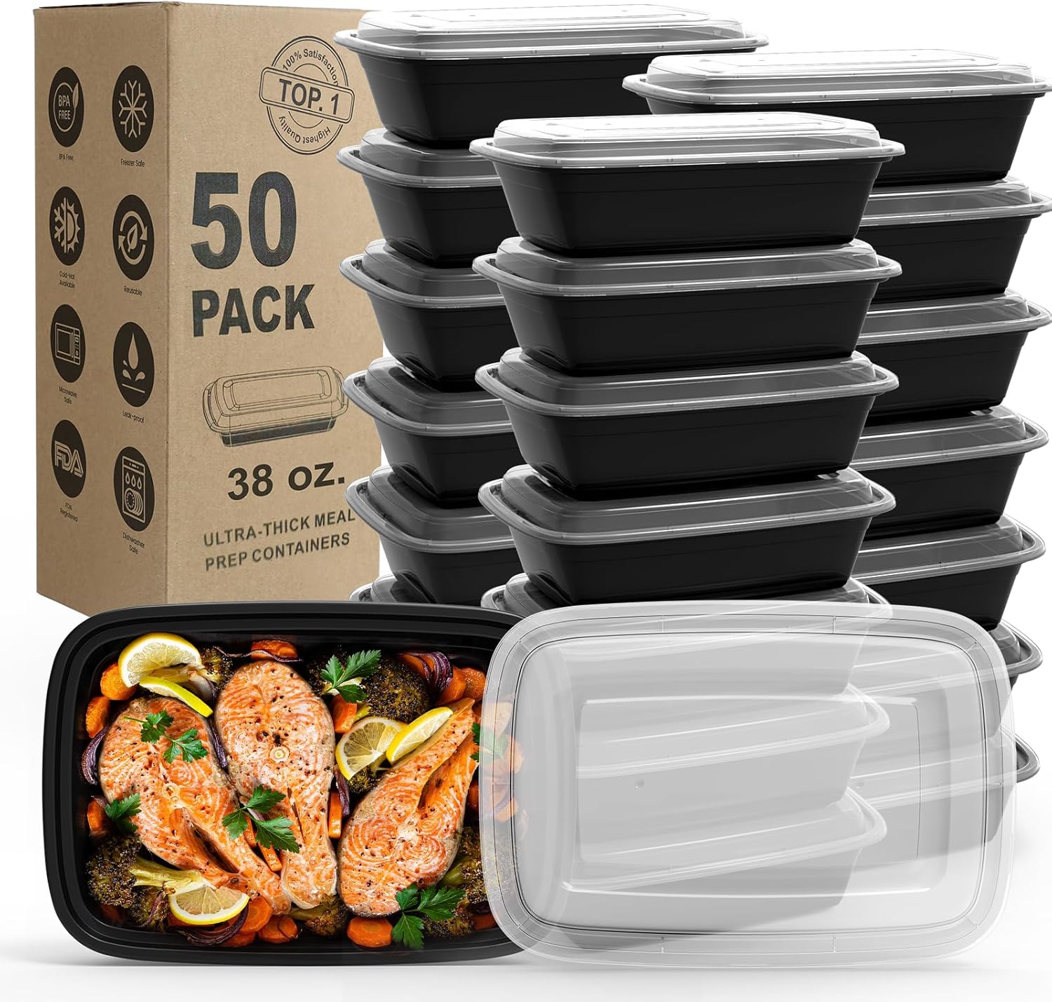 Meal Prep Containers, 50Pack [38OZ] Food Storage Containers With Lids, Reusable Food Prep Containers, To Go Containers, BPA-free, Stackable, Microwave/Dishwasher/Freezer Safe