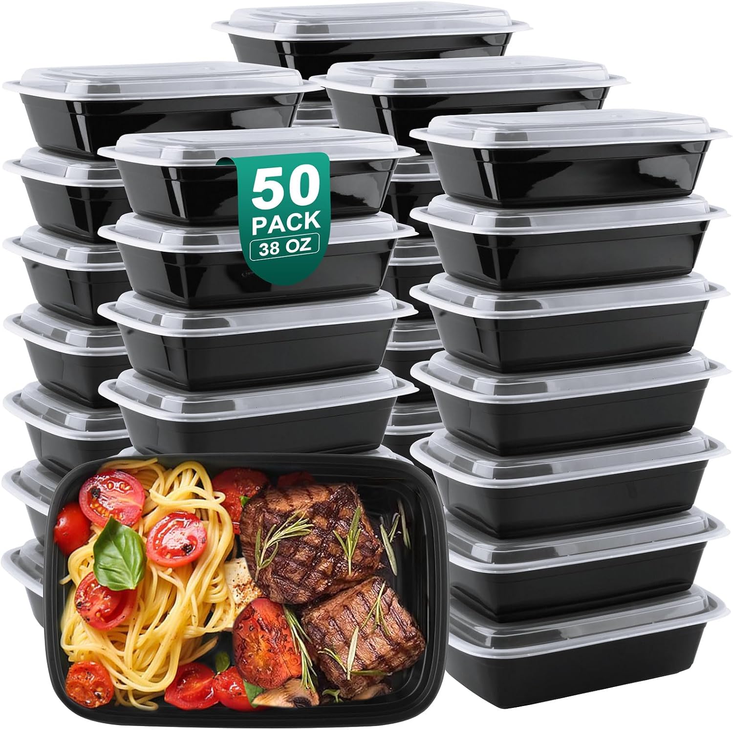 Meal Prep Containers 38 OZ, Plastic Food Prep Containers with Lids, BPA-Free, Stackable, Microwave, Dishwasher Safe Disposable To Go Container for Meal Plan, 50-Pack