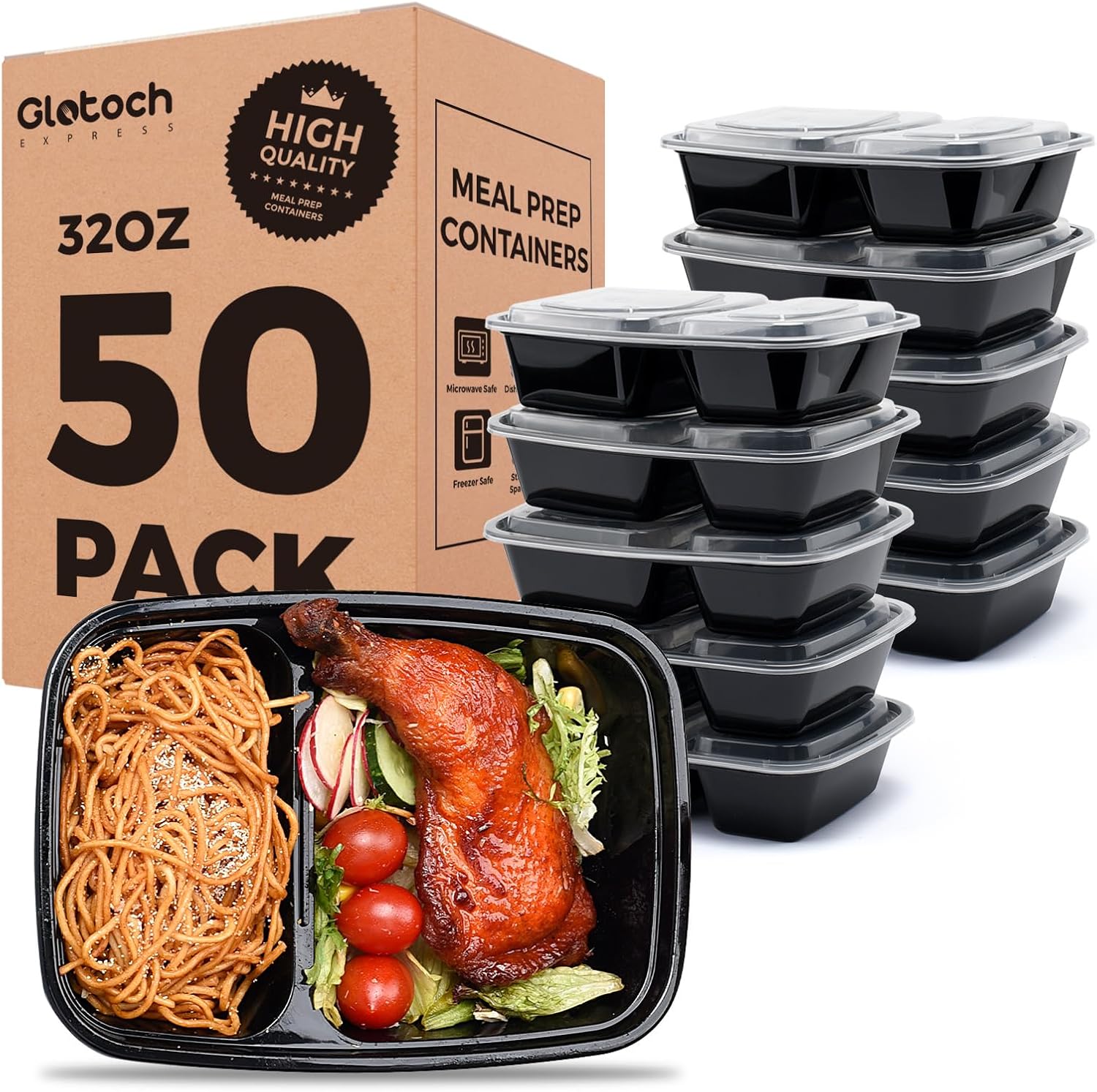 Glotoch 50 Pack 32 oz Meal Prep Containers Reusable, 2 Compartment Food Containers with Lids To Go Containers, Lunch-Microwave,Freezer,Dishwasher Safe